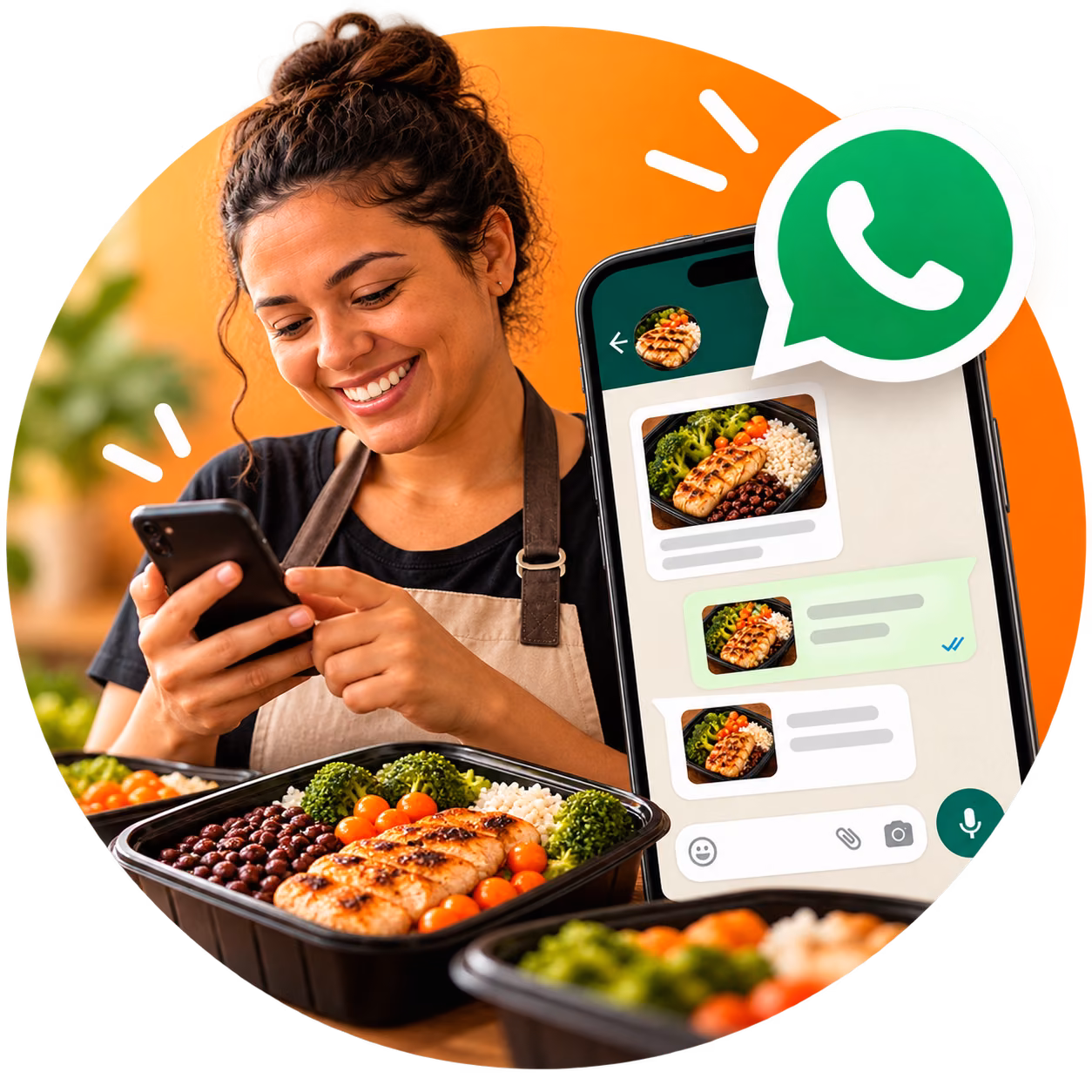 Vendedora de marmitas sorrindo e acompanhando pedidos pelo celular, com uma conversa de WhatsApp aberta