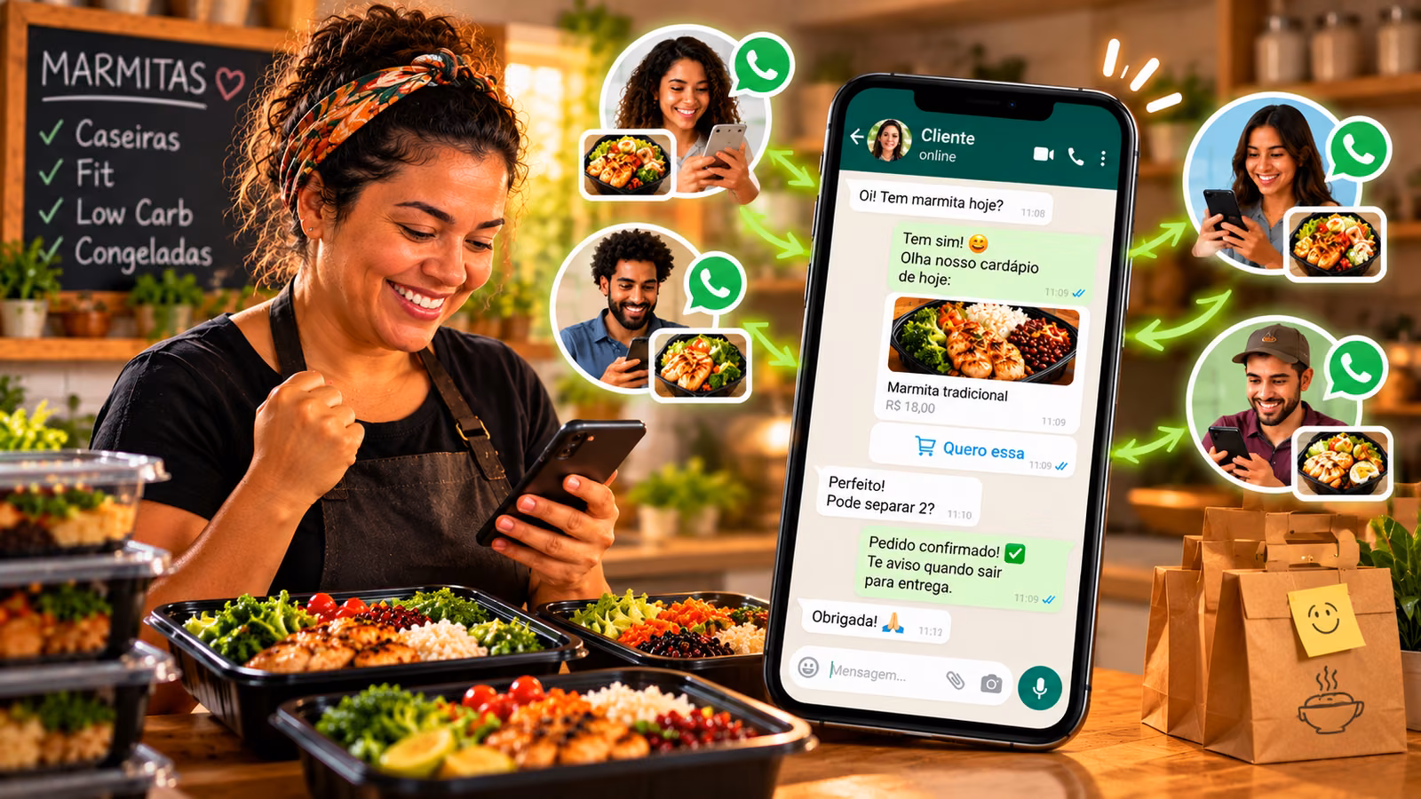 Vendedora de marmitas acompanhando no celular os pedidos que chegam por conversas de WhatsApp